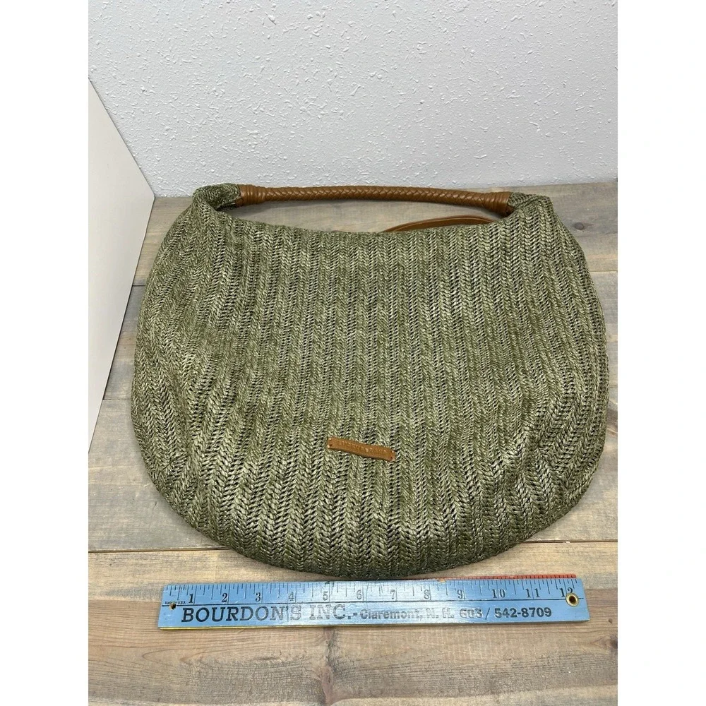 Lucky Brand Purse Olive Green Brown Leather  Handle Bag Fiber Woven Hobo EXC